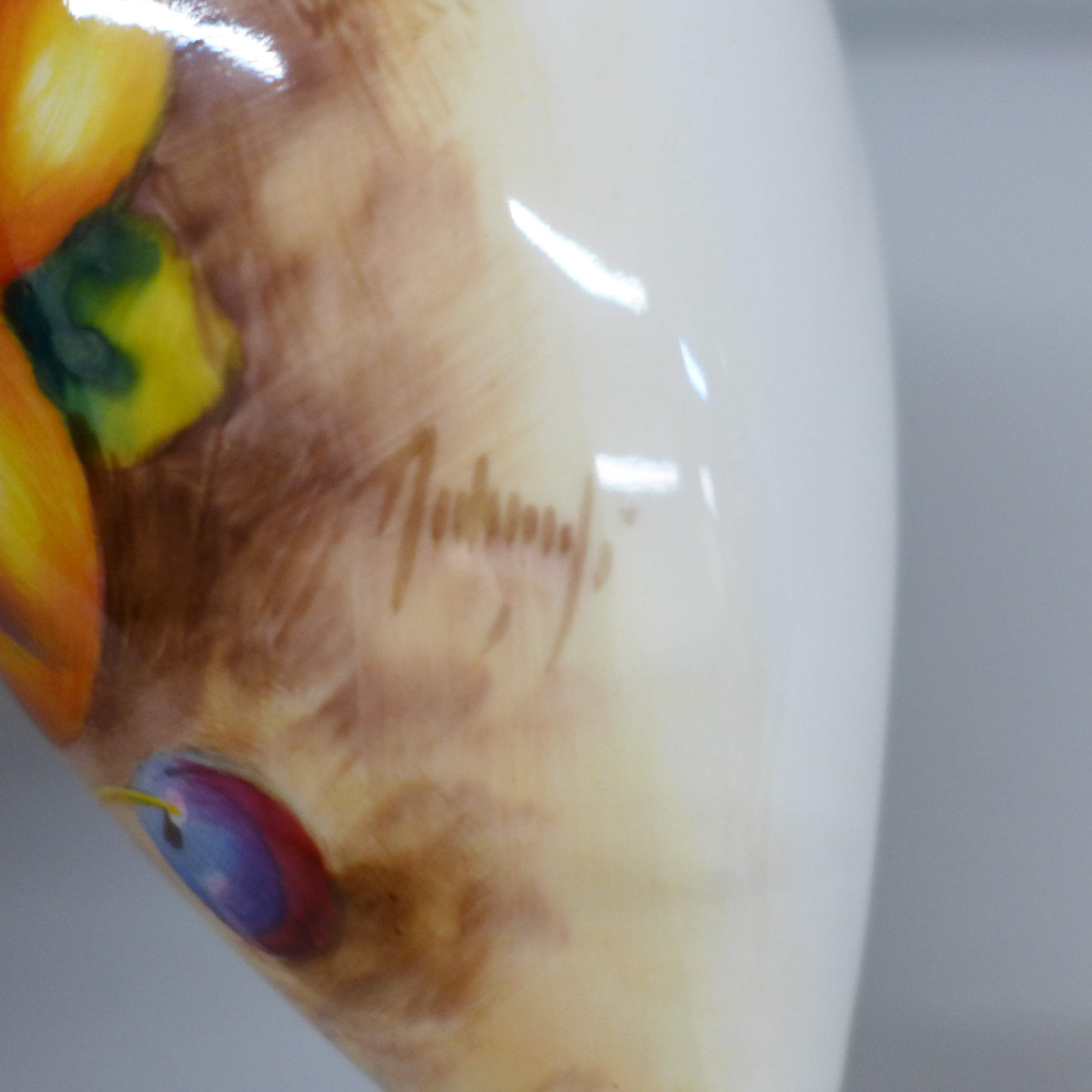 A pair of Royal Worcester hand painted vases and covers, decorated with fruit, signed, one vase - Image 5 of 8