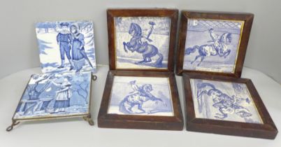 Six old tiles including Josiah Wedgwood & Sons Etruria, one a/f