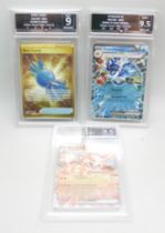 Three Getgraded Pokemon cards, Arcanine Ex and Gyardos Ex, 9.5 mint + and Rare Candy 9 mint