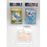 Three Getgraded Pokemon cards, Arcanine Ex and Gyardos Ex, 9.5 mint + and Rare Candy 9 mint