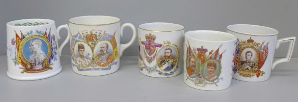 Five commemorative Coronation mugs, including Edward VII, Edward VIII, George V and George VI