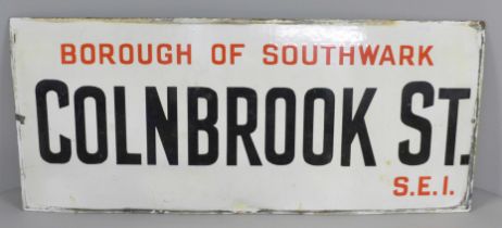 An original enamel street sign, Colnbrook St. S.E.1. Borough of Southwark, 23.5" x 10"