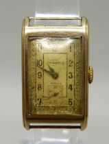 A 9ct gold Tavannes Art Deco rectangular wristwatch, Glasgow import mark, 19mm case