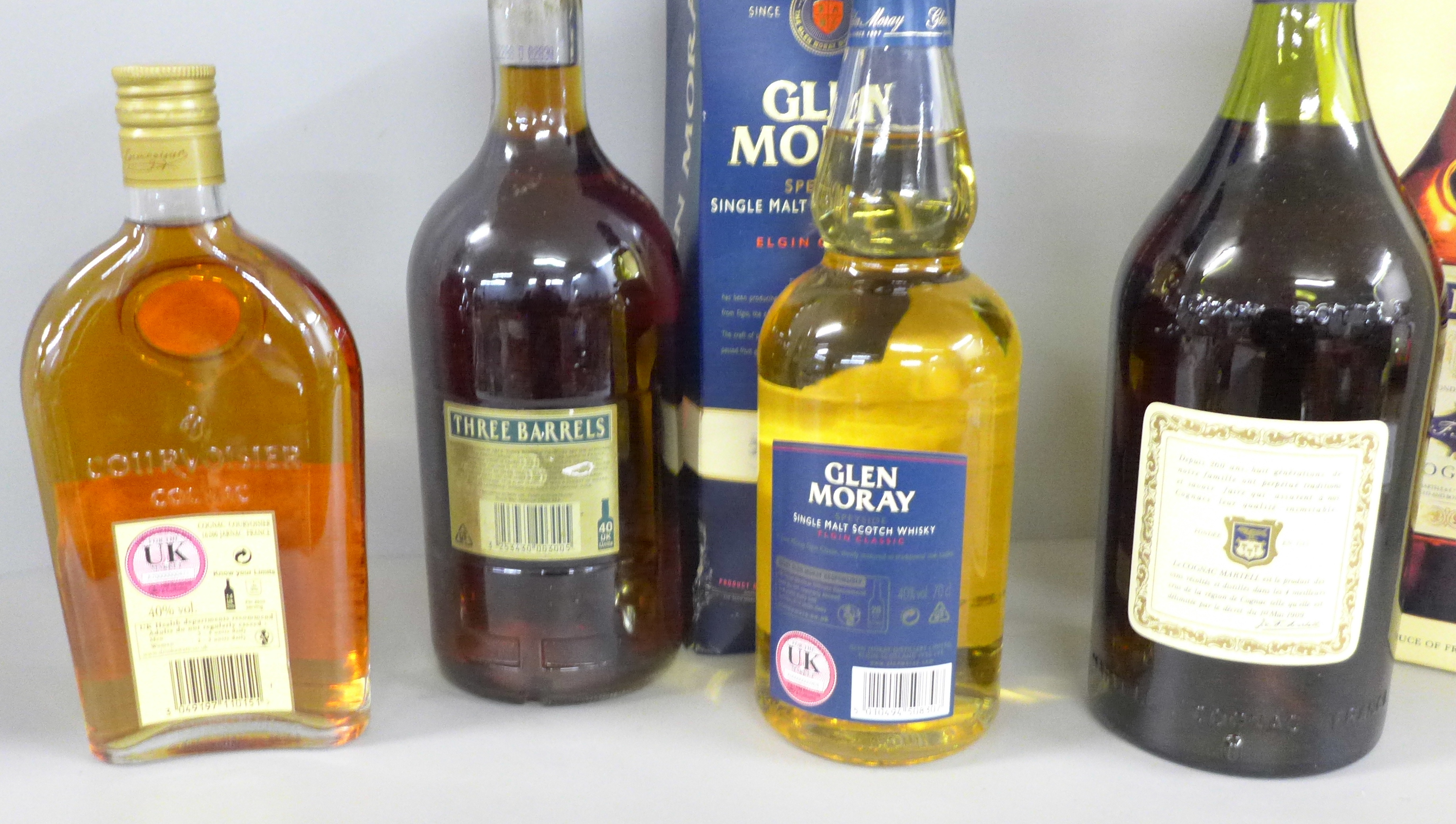 Four bottles of alcohol, Courvoisier, Three Barrels, Glen Moray Elgin Classics single malt and - Image 2 of 2