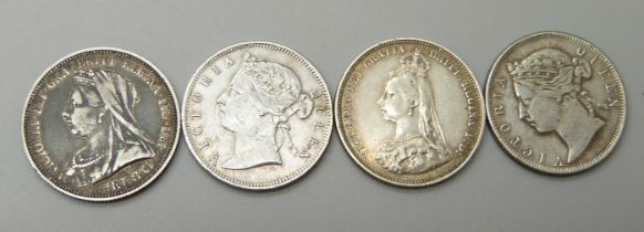 Coins; two Hong Kong 20 cents, 1894 and 1895, both 800 silver, and two shillings, 1895 and 1897