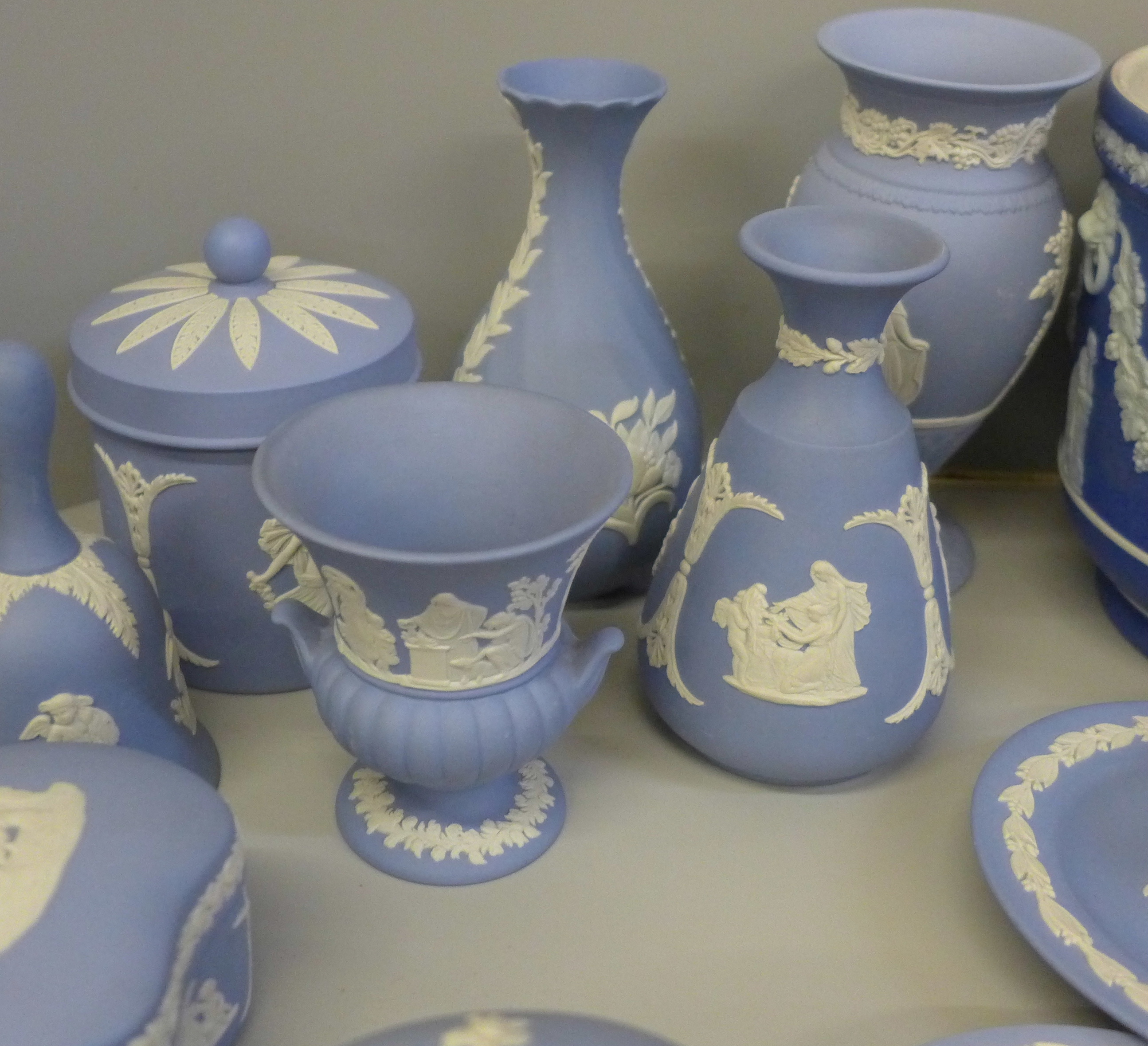 A box of approximately 20 items of Wedgwood Jasperware including a jardiniere, jug, vases, lidded - Image 2 of 5