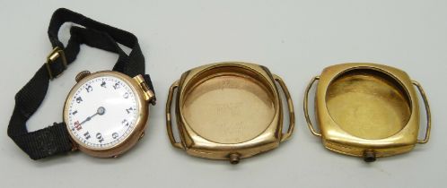 A lady's 9ct gold wristwatch and two gold plated watch cases