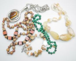 Hardstone set jewellery, including malachite and agate, and a large tigers eye set pendant on chain