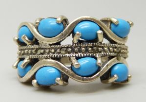 A large silver, turquoise colour and marcasite ring, R