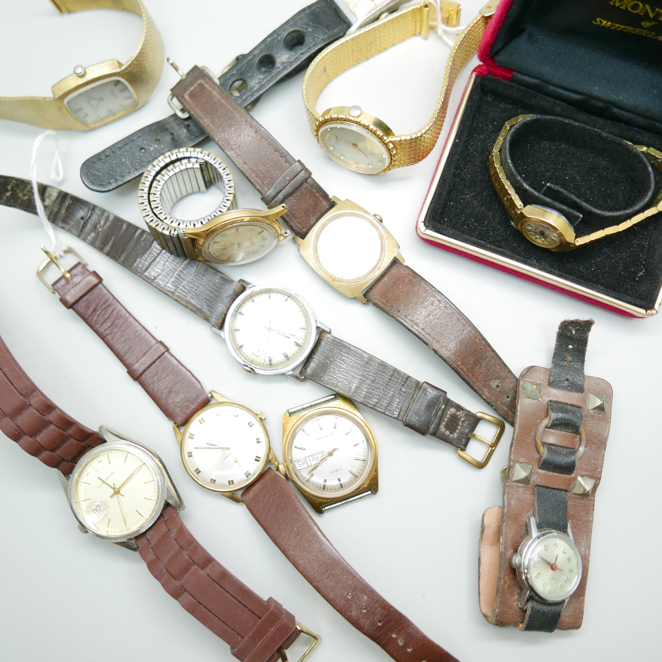 A collection of mechanical wristwatches, including Timex and Everite