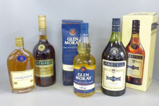 Four bottles of alcohol, Courvoisier, Three Barrels, Glen Moray Elgin Classics single malt and