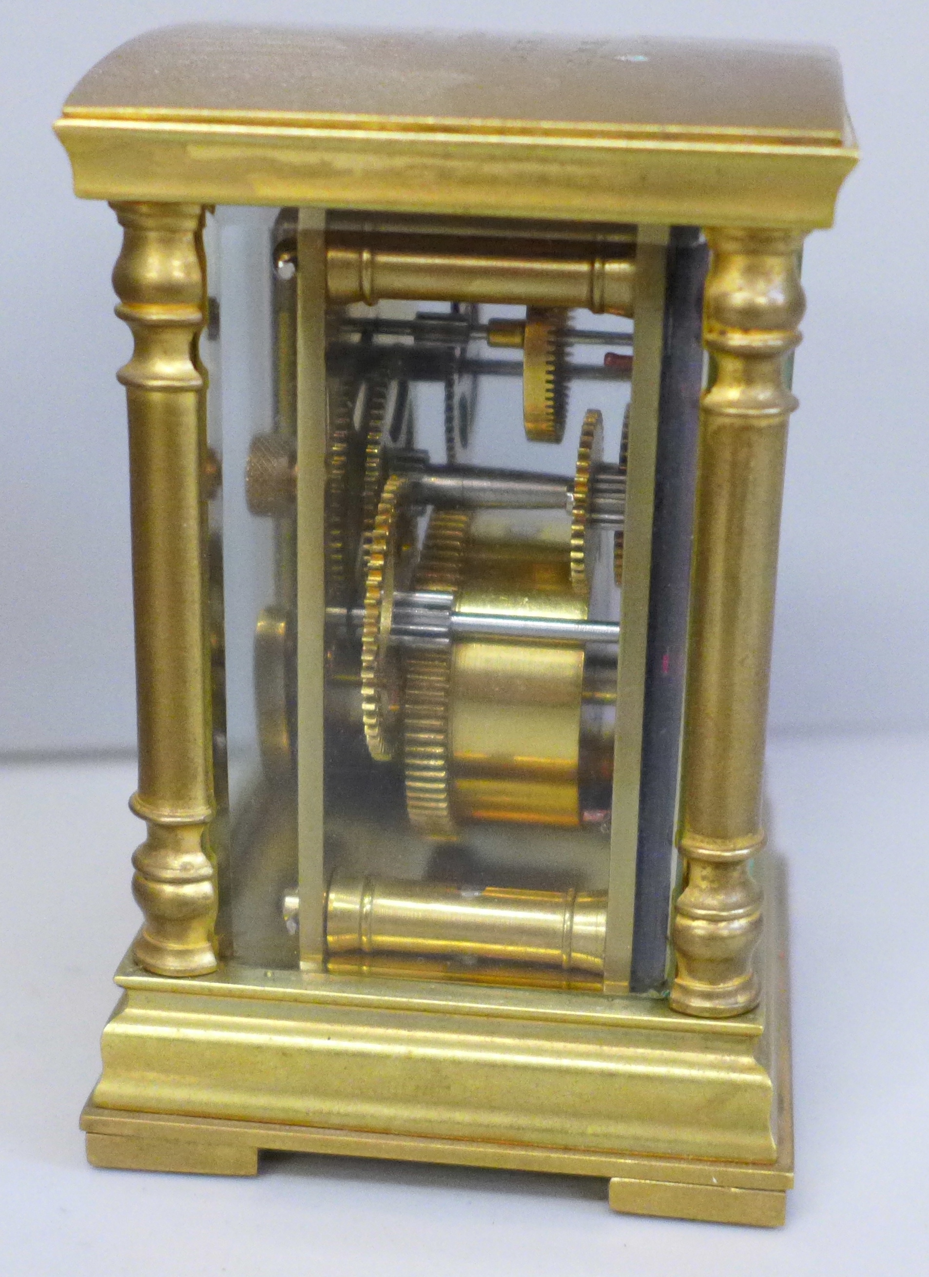 A small brass and four glass sided carriage clock with French movement, inscription to case top in a - Image 3 of 7