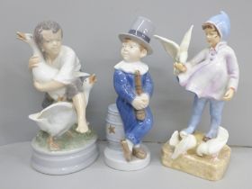 Three Royal Copenhagen figures, Fantails, Boy Juggler and Goose-thief (Goose-thief a/f)