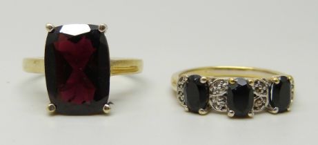 A silver gilt, emerald cut obsidian ring and a silver gilt three stone ring, R and P/Q