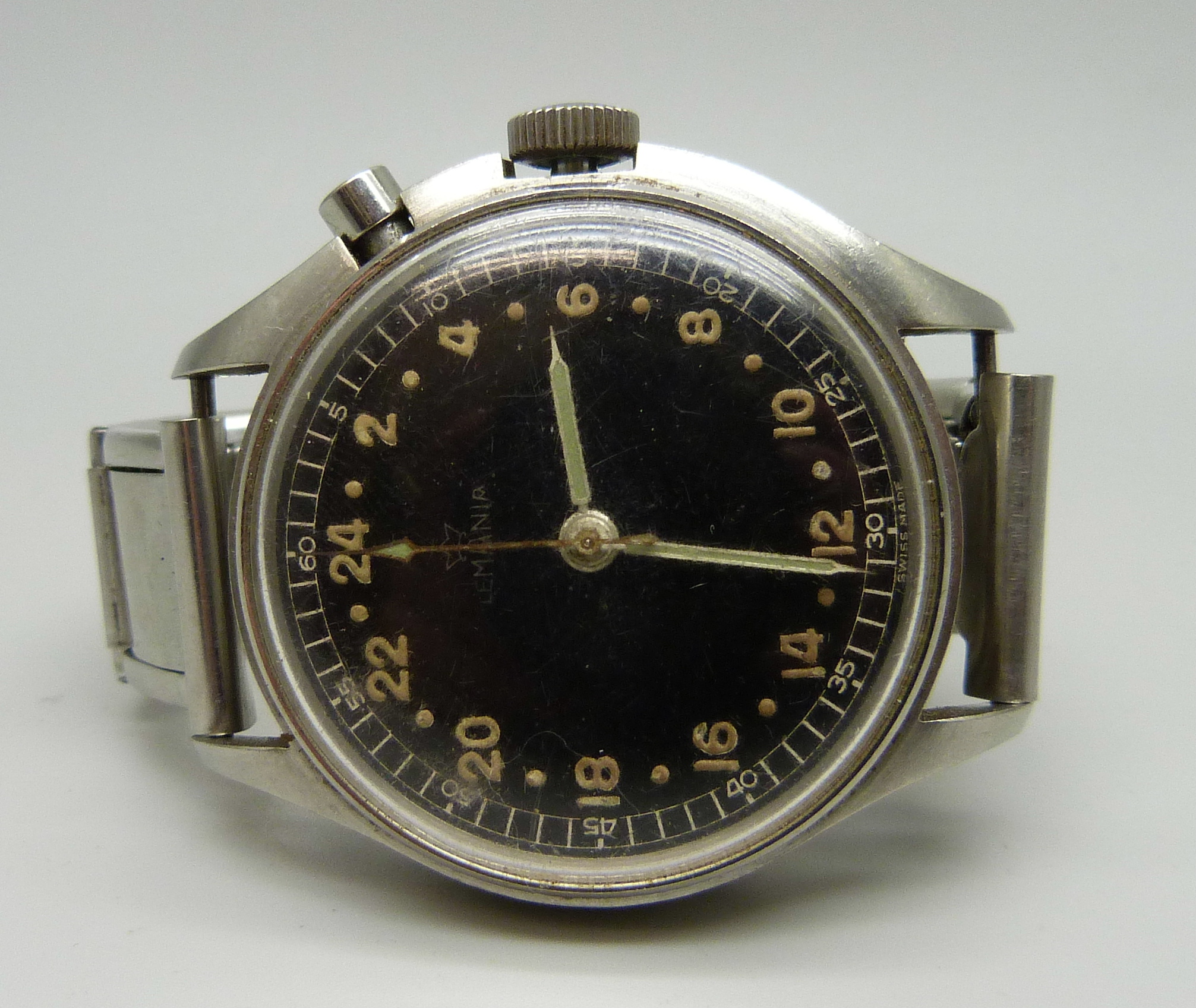 A German Lemania single button chronometer with 24-hour clock and sweep second hand, 39mm case