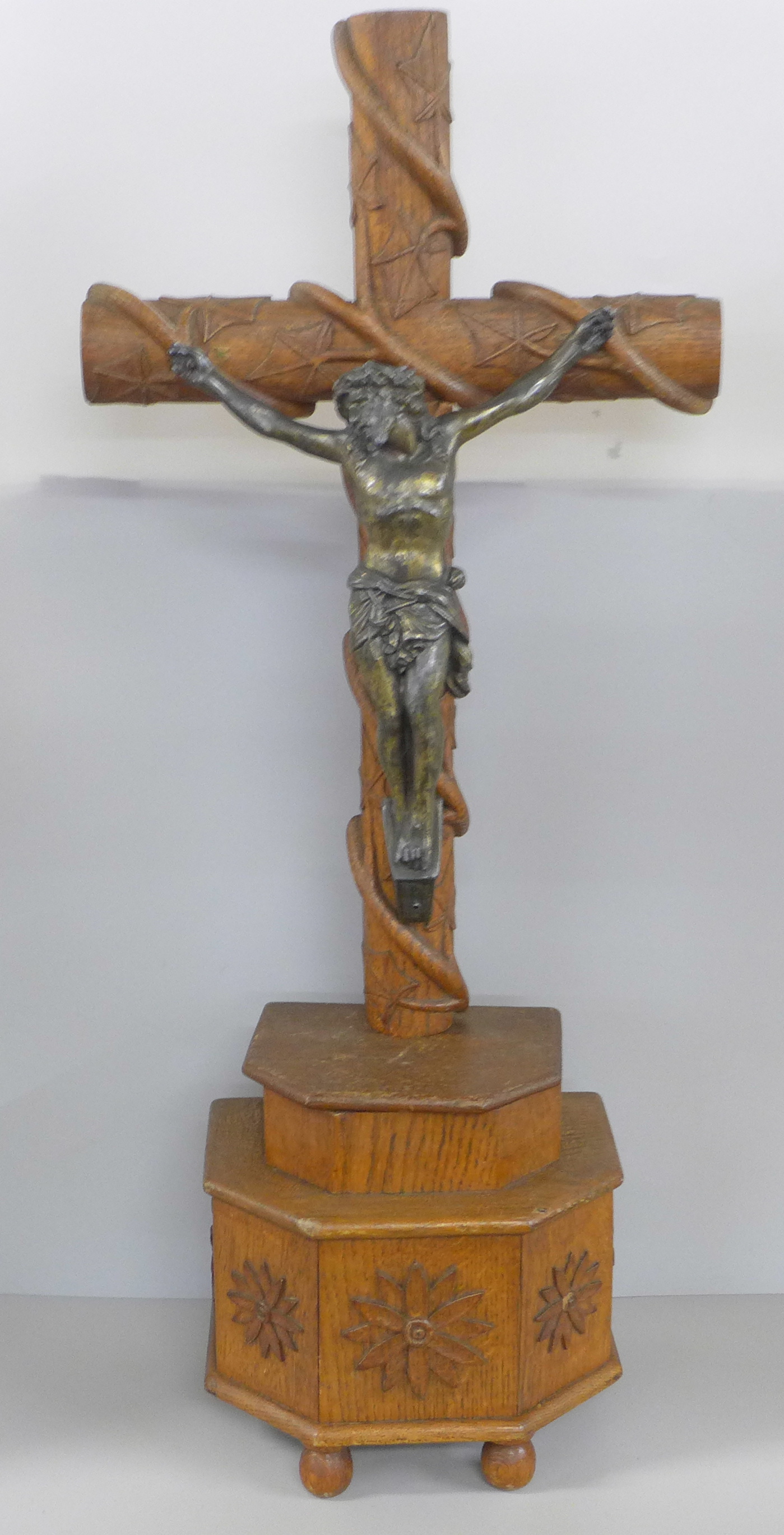 A large oak and gilt spelter altar crucifix, 66cm