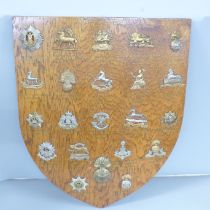 A collection of The Regiment of Foot cap badges on an oak shield