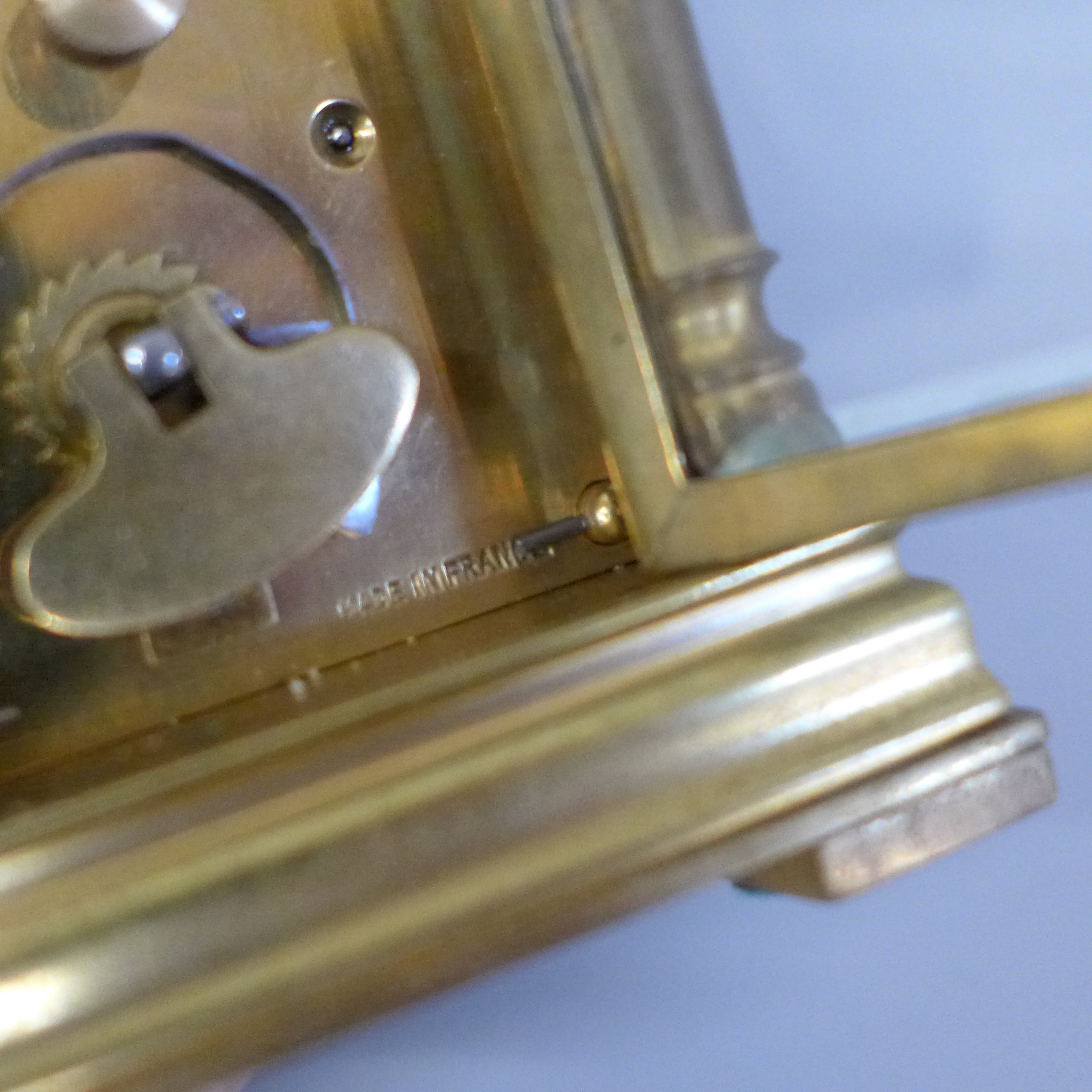 A small brass and four glass sided carriage clock with French movement, inscription to case top in a - Image 6 of 7