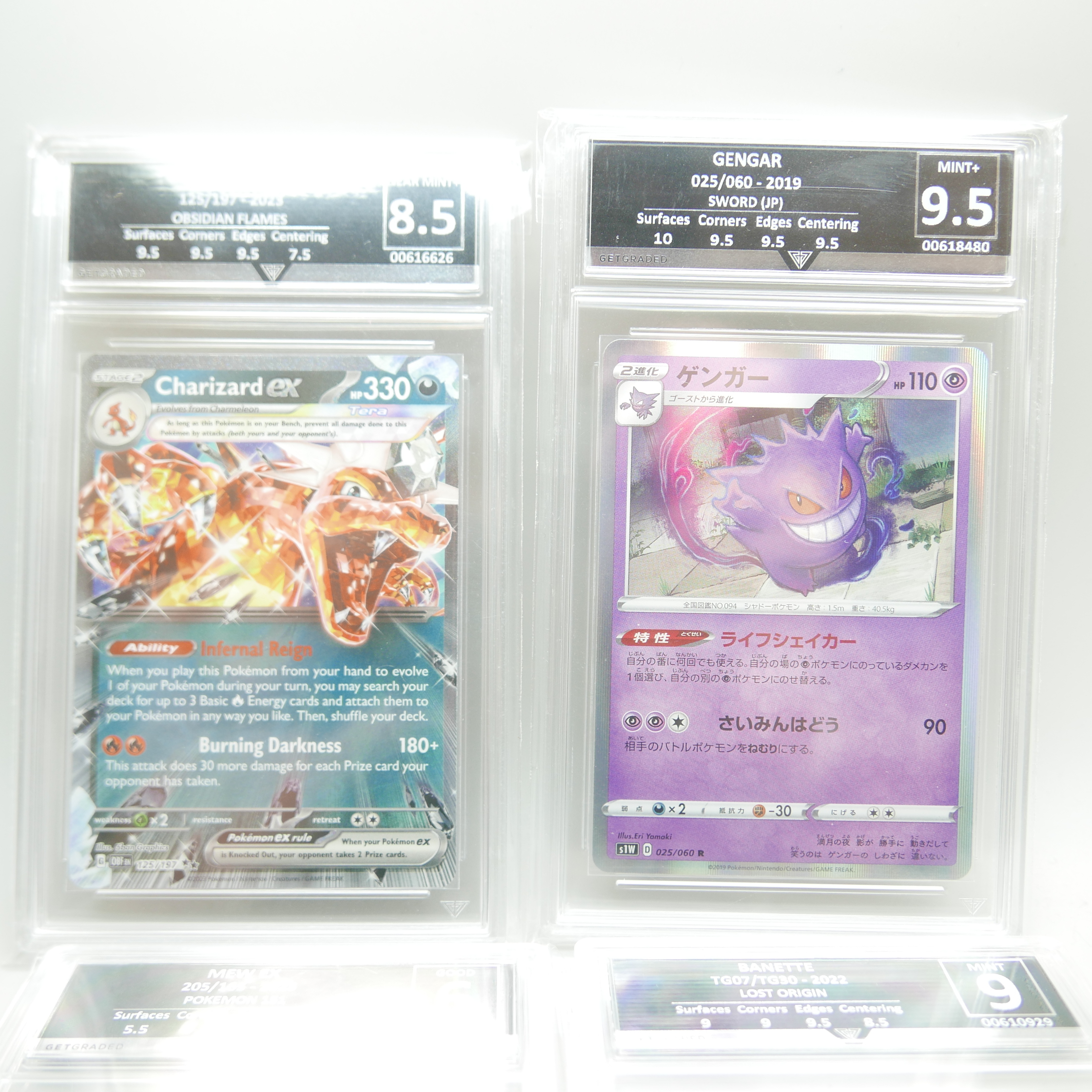 Four graded Pokemon cards (Getgraded) Gengar, 9.5, Charizard Ex, 8.5, Banette, 9 and Mew Ex, 6 - Image 2 of 3