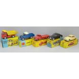 Five die-cast model vehicles, Corgi Toys 209 Riley Pathfinder, 406 Land-rover and 458 Erf earth