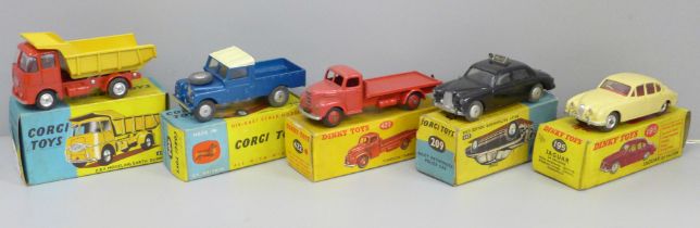 Five die-cast model vehicles, Corgi Toys 209 Riley Pathfinder, 406 Land-rover and 458 Erf earth