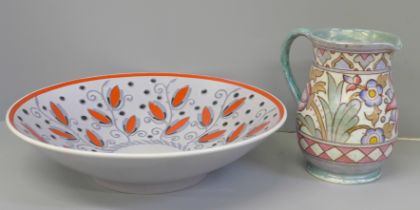 Two pieces of Charlotte Rhead Bursley ware, a large bowl and a jug