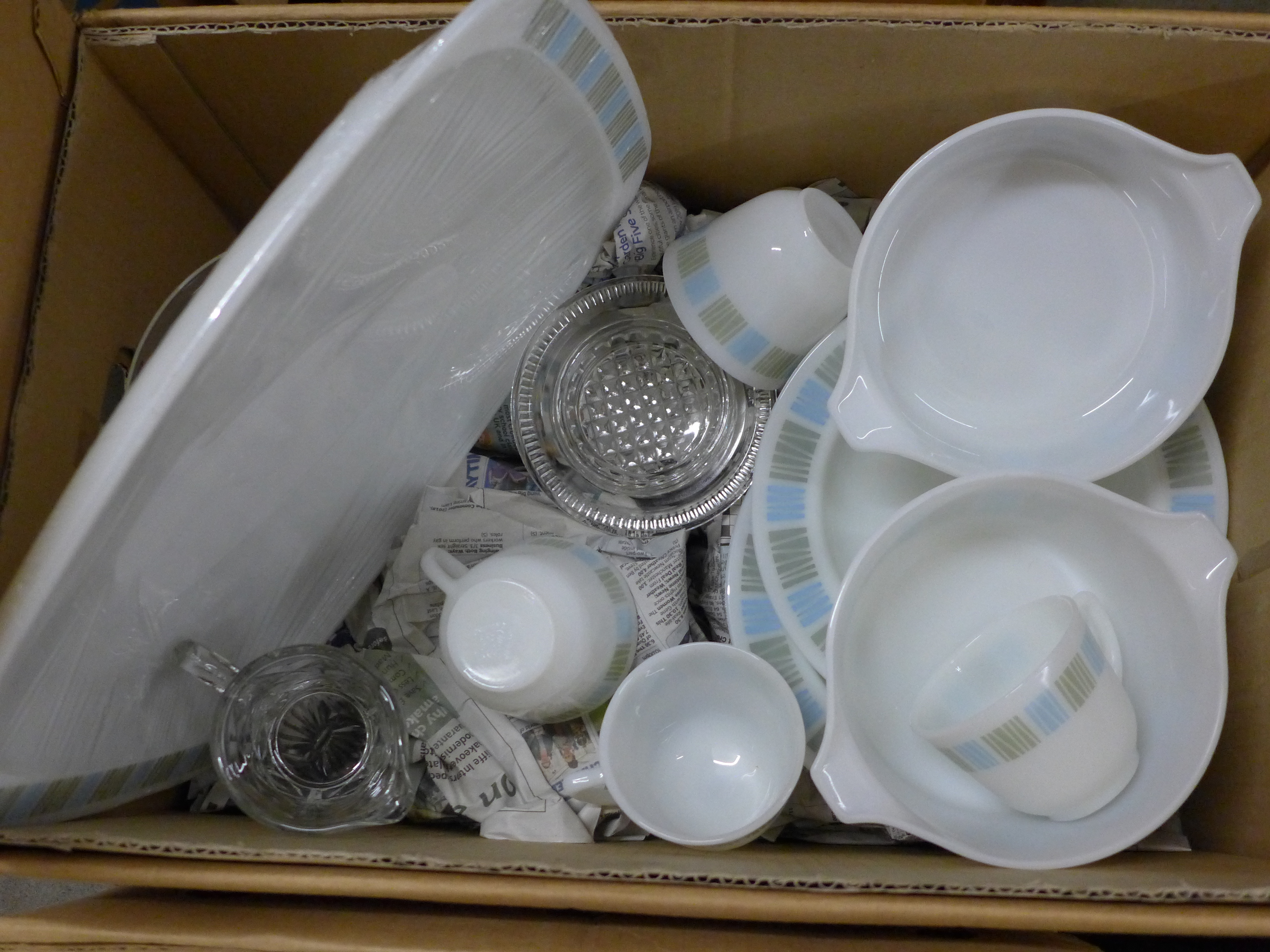 Three boxes of assorted items including oriental china, a collection of Pyrex, books, clocks, desk - Image 2 of 4