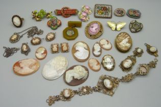 A collection of jewellery including micro-mosaic, brooches, earrings, cameos, etc.