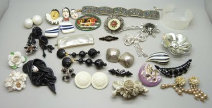 A collection of vintage brooches, earrings, etc., (large flower brooch lacking pin)