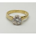 An 18ct yellow gold round brilliant cut diamond solitaire ring, approximately 0.75ct, H clarity,