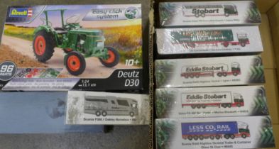 Six Eddie Stobart model tankers and lorries, a model ship and a Revell Deutz P30 set