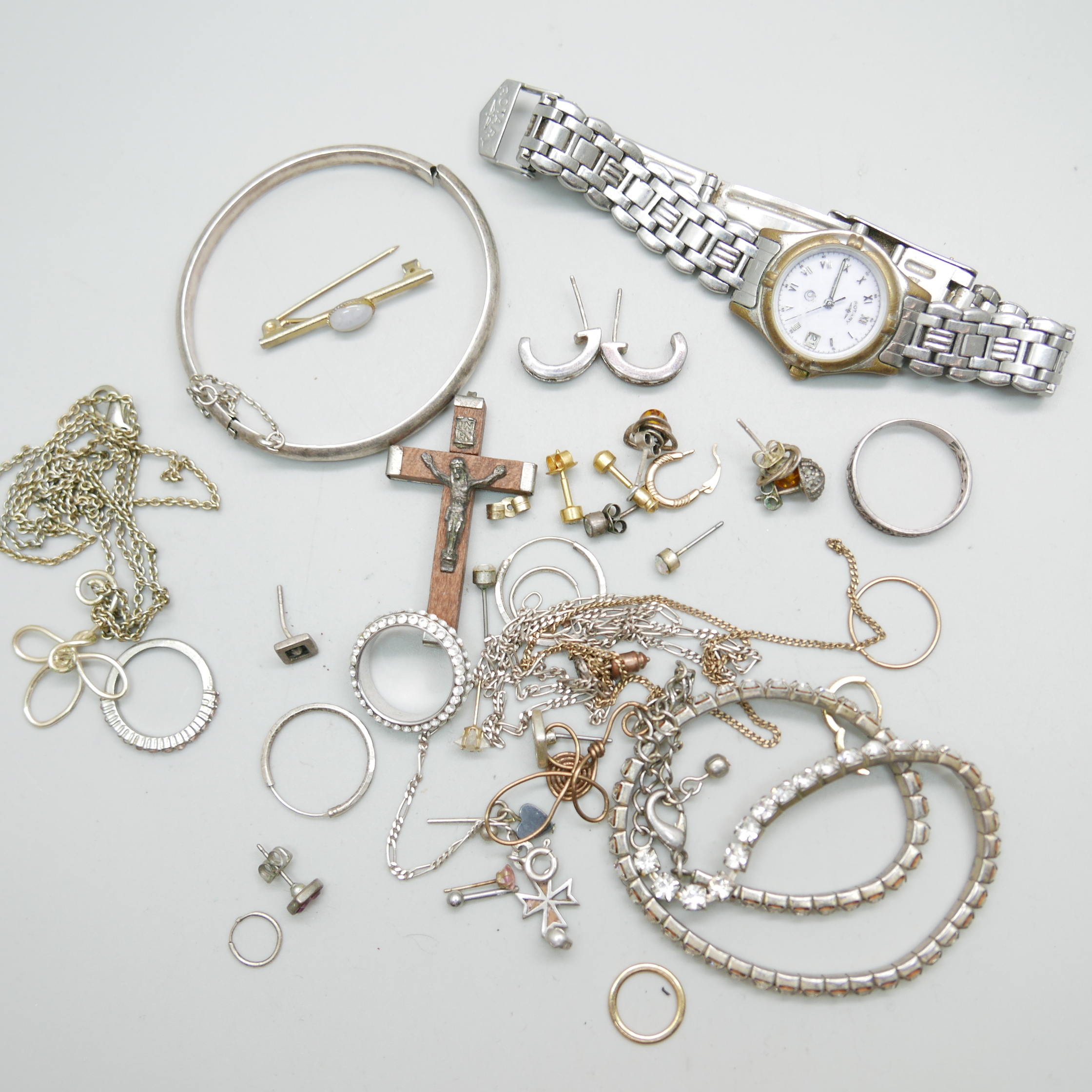 A collection of silver and silver toned jewellery and a lady's Rotary wristwatch, (bangle a/f)