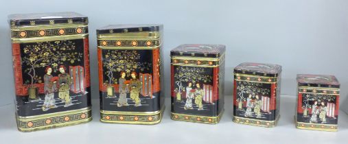 A set of five vintage Chinese style storage tins