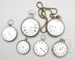 A collection of silver pocket and fob watches, (6)