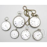 A collection of silver pocket and fob watches, (6)