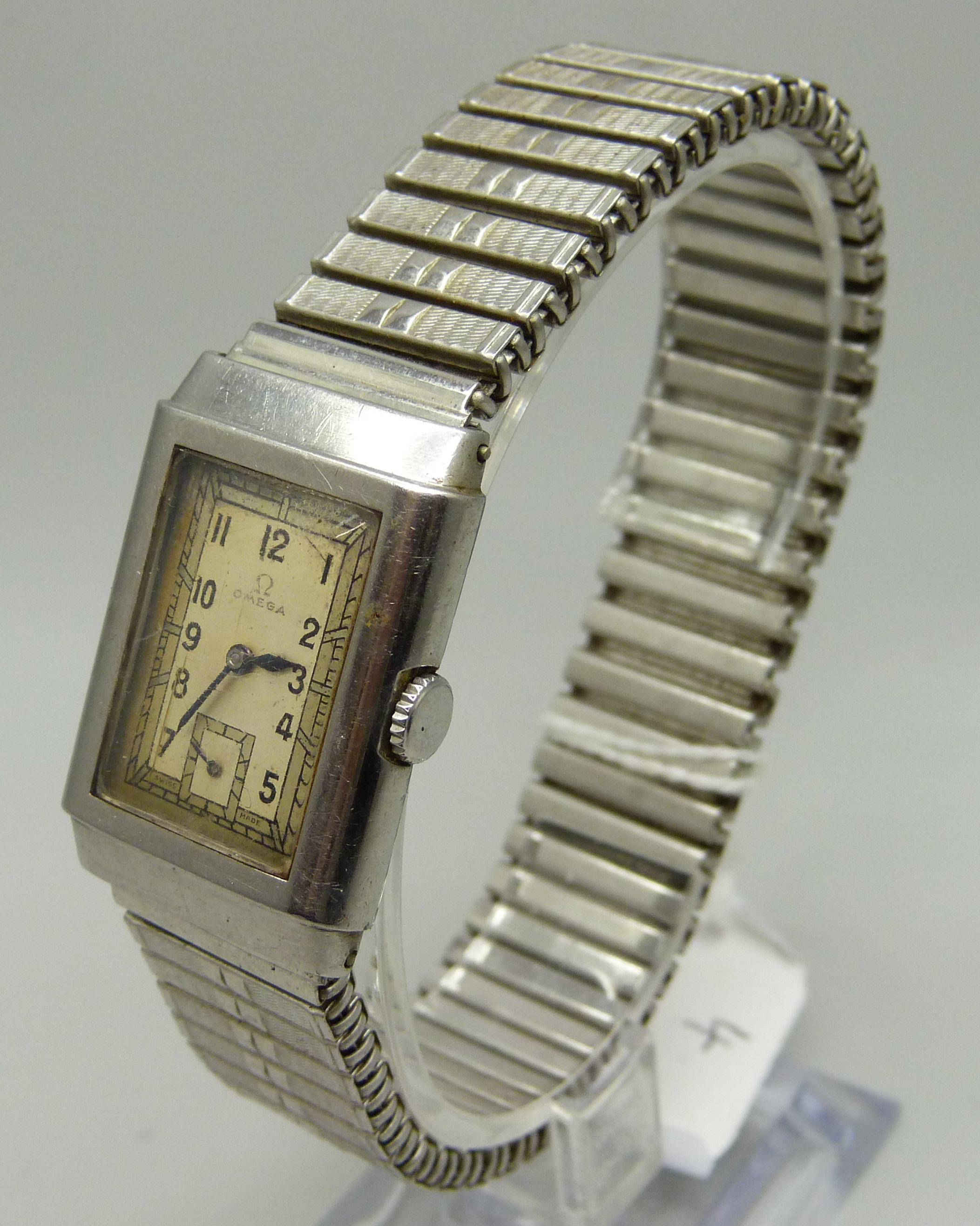 A gentleman's 1930s stainless steel Omega tank wristwatch, 22mm case - Image 2 of 5