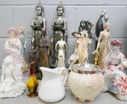 A collection of assorted figures including Bisque, a jug and a biscuit barrel, etc. **PLEASE NOTE