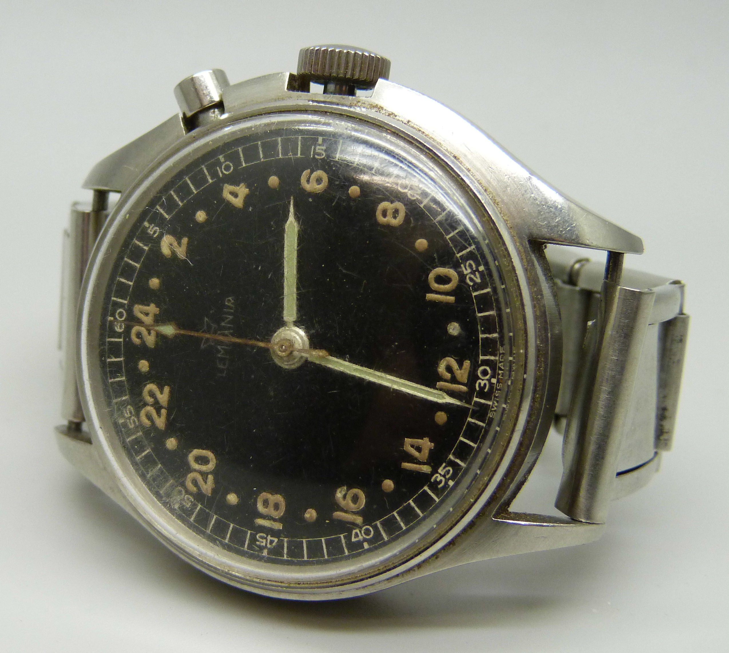 A German Lemania single button chronometer with 24-hour clock and sweep second hand, 39mm case - Image 5 of 5