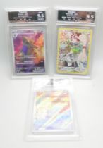 Three Getgraded Pokemon cards, Hatterene VMax and Varoom, 9.5 mint and Quaquaval Ex, 9 mint