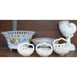 A Royal Worcester porcelain nautilus vase, 17cm, three Royal Creamware baskets and two Dresden