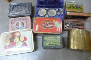 A set of apothecary balance weighing scales, a box with wax seal instruments and several vintage