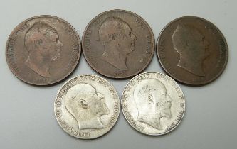 Two Edward VII silver florins, 1907 and 1910, and three William IV pennies, 1831