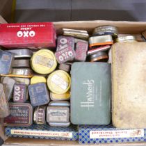 A collection of 43 vintage tins from the early 1900s including tobacco tins (Adkins, Bell, Wills,