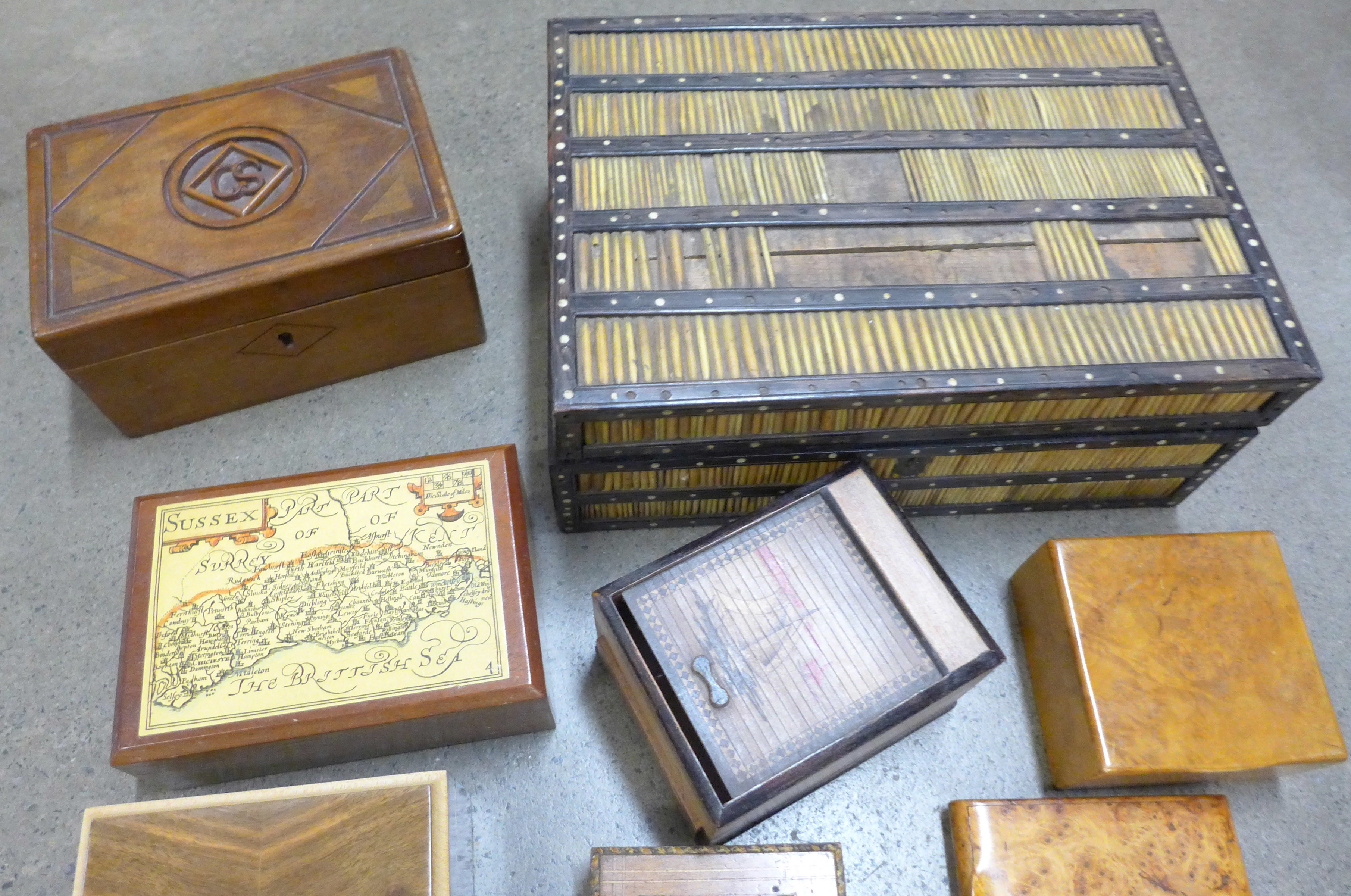 A porcupine quill box, with bone inlay, other wooden boxes and tins **PLEASE NOTE THIS LOT IS NOT - Image 2 of 4