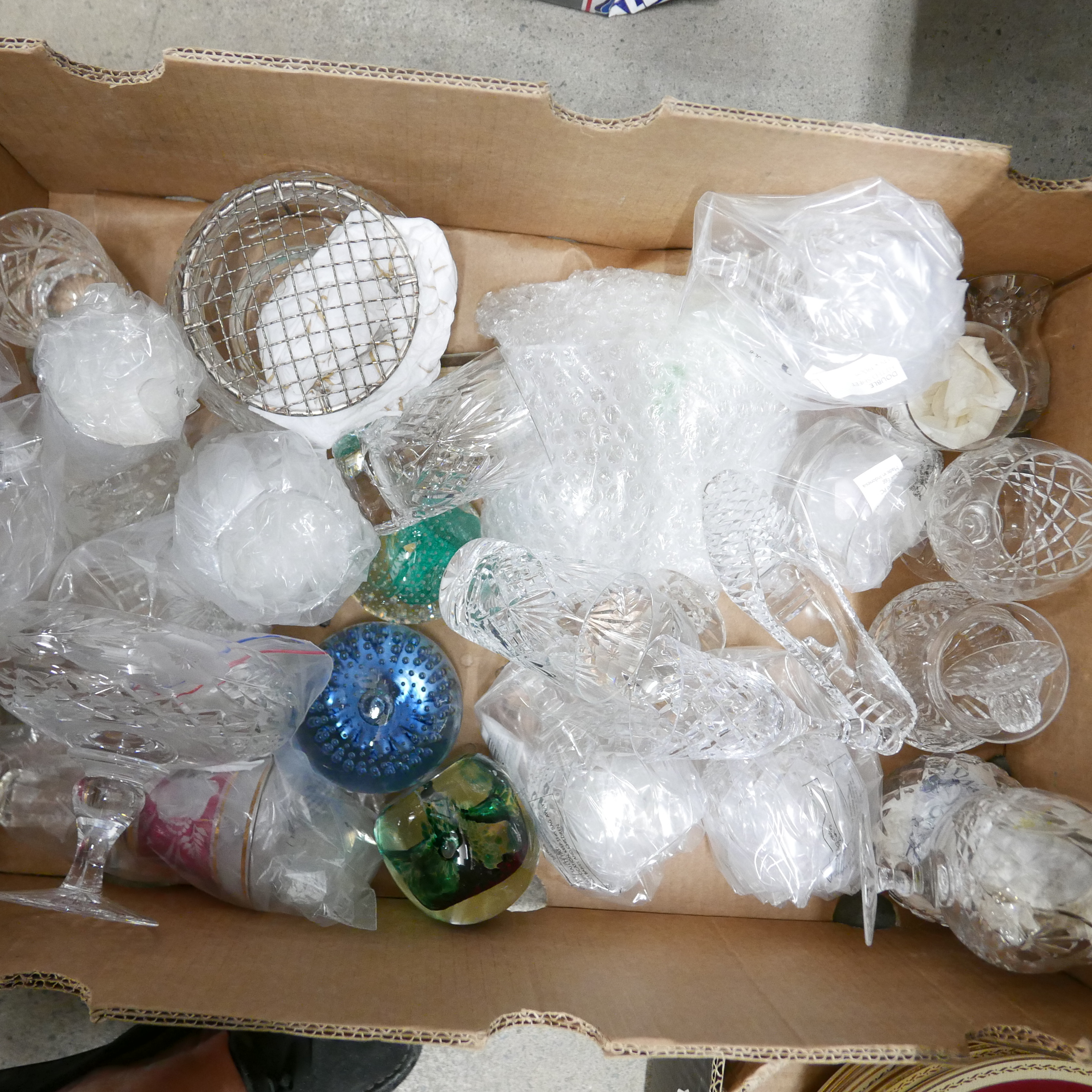 A box of mixed crystal and glass and paperweights including Caithness **PLEASE NOTE THIS LOT IS