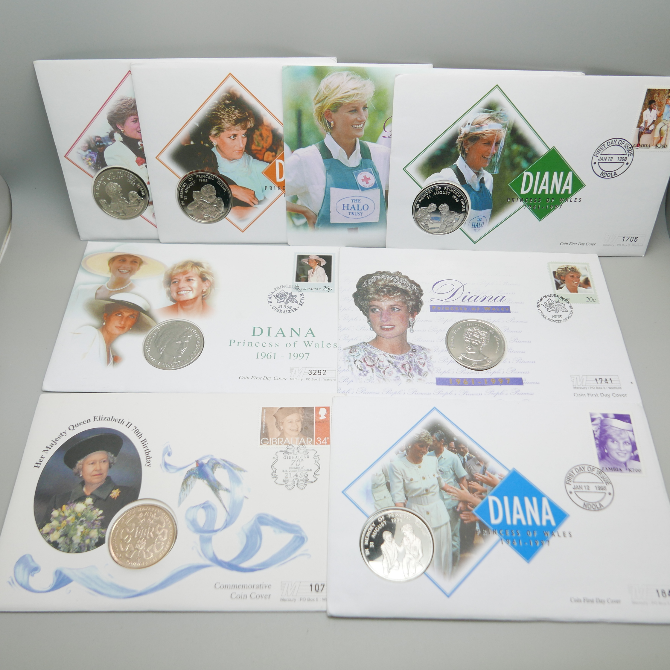 A collection of coin sets, mostly Princess Diana and other Royalty first day covers including a £5