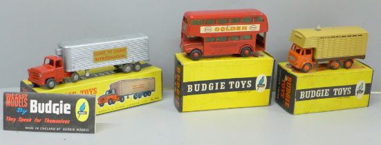 Three Budgie Toys die-cast vehicles, Cattle Truck, 202 Refrigeration Truck and 236 Routemaster