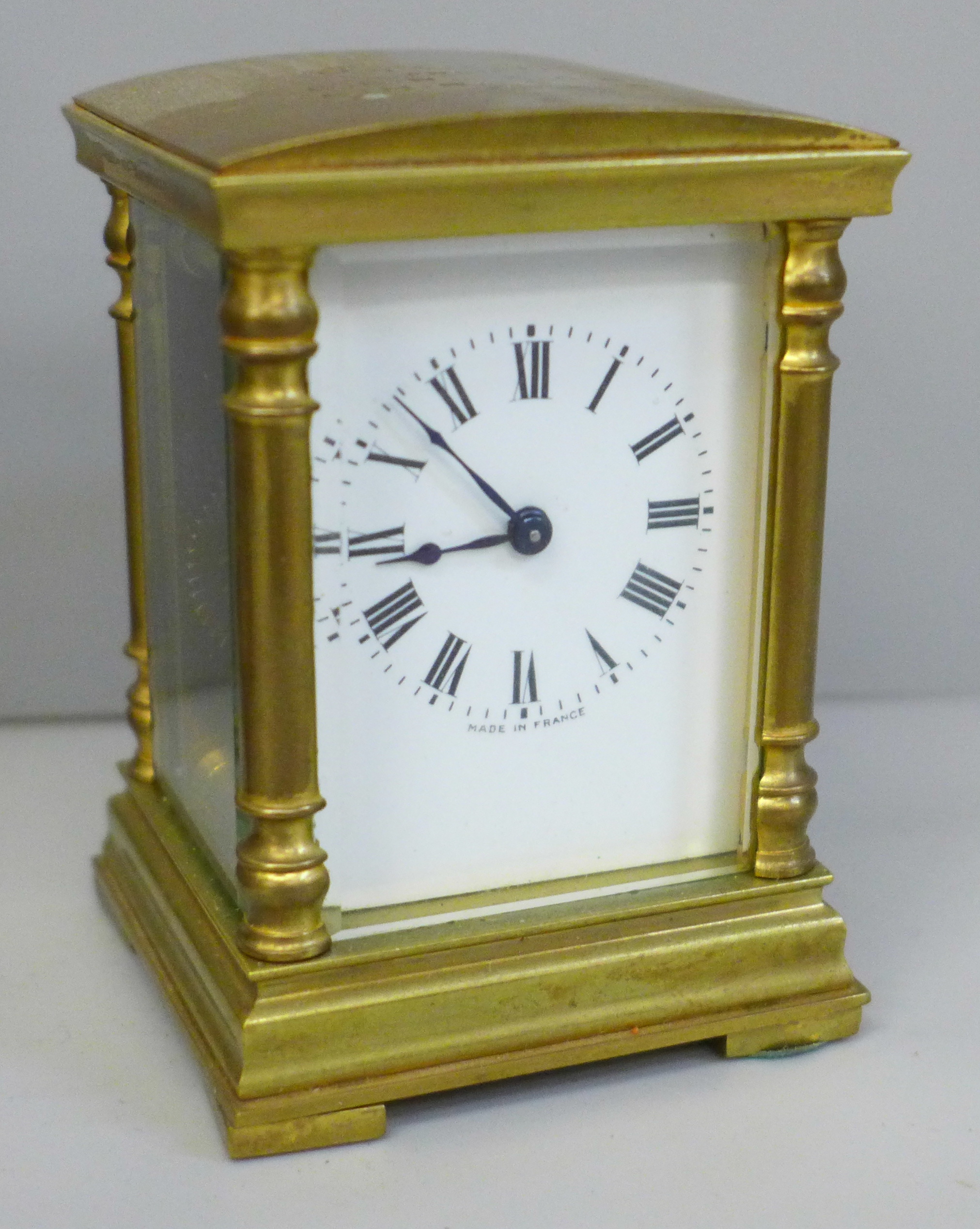 A small brass and four glass sided carriage clock with French movement, inscription to case top in a - Image 2 of 7