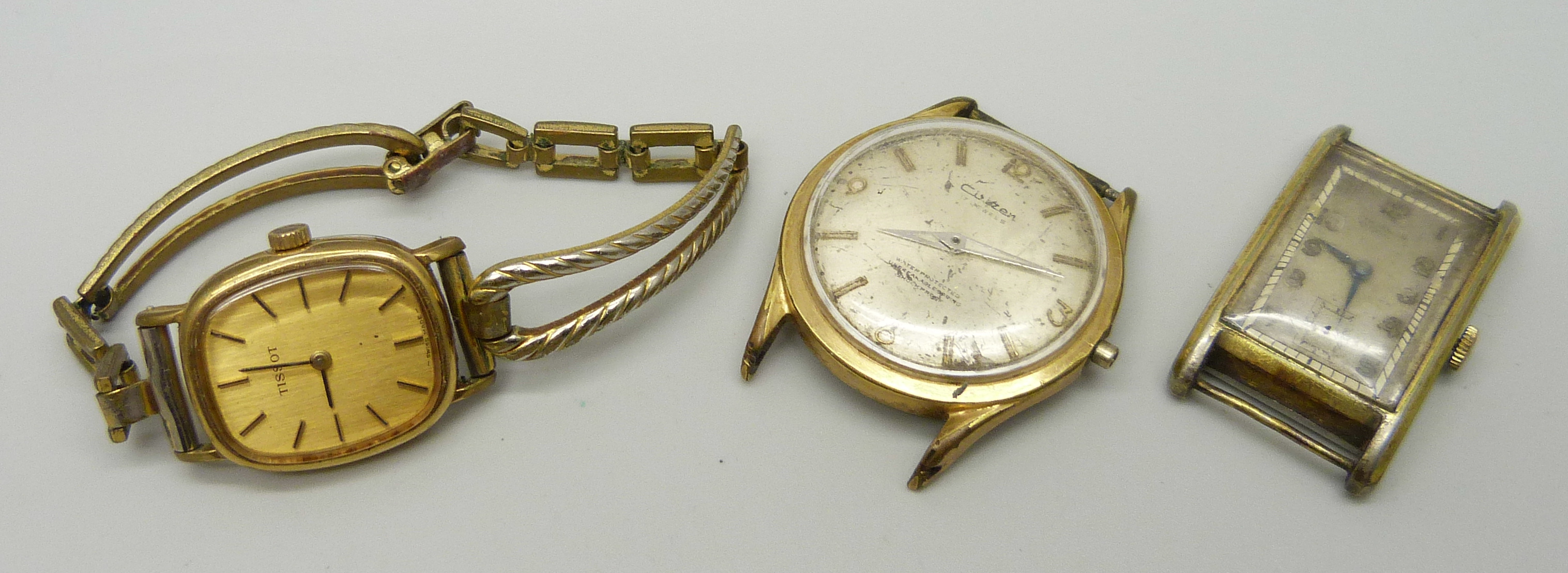 Three wristwatches, tank shaped Roamer, Citizen 17 jewels and a Tissot