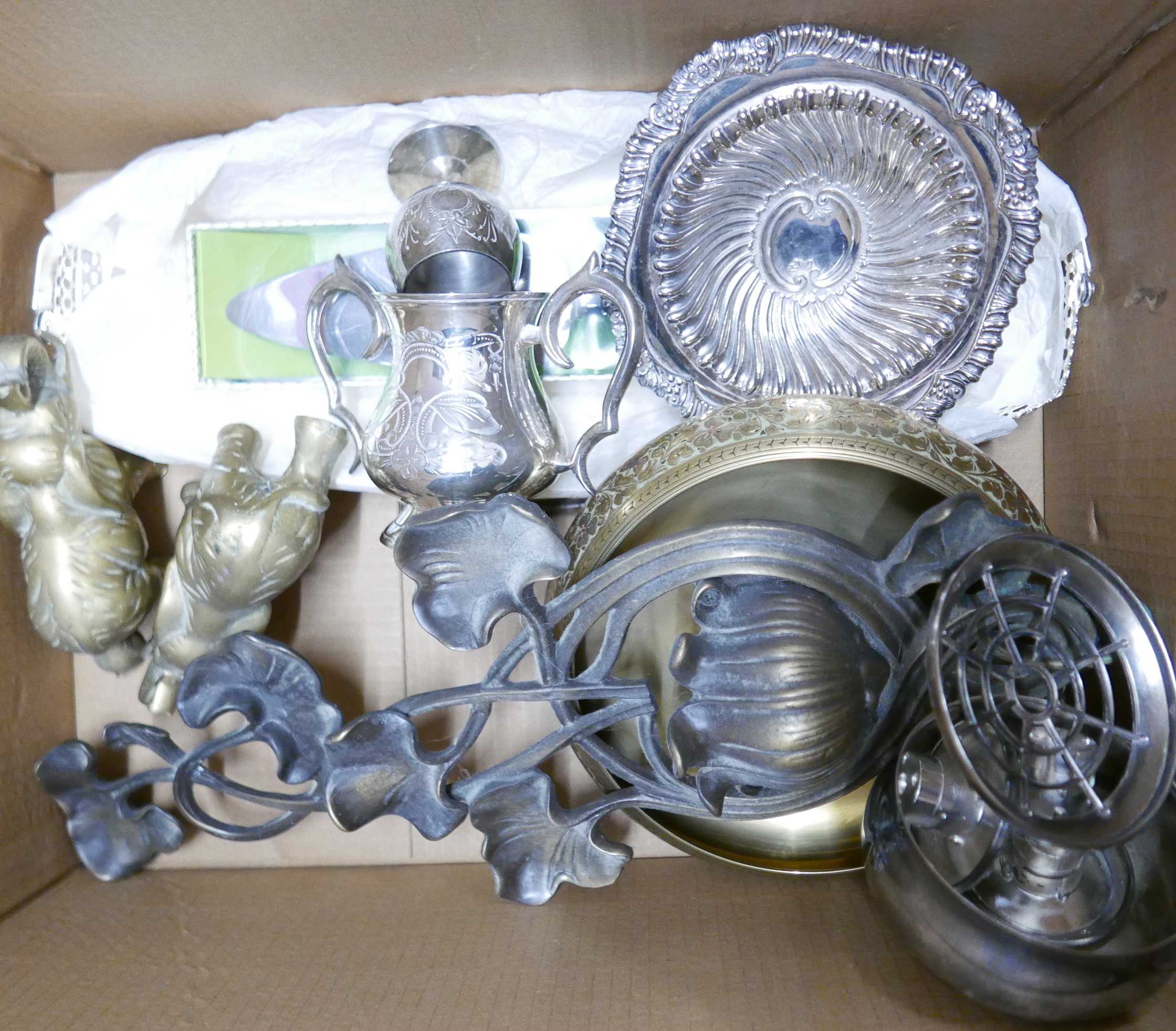 A box of metalwares including Art Nouveau style wall sculpture, a pair of brass elephants, - Image 2 of 4